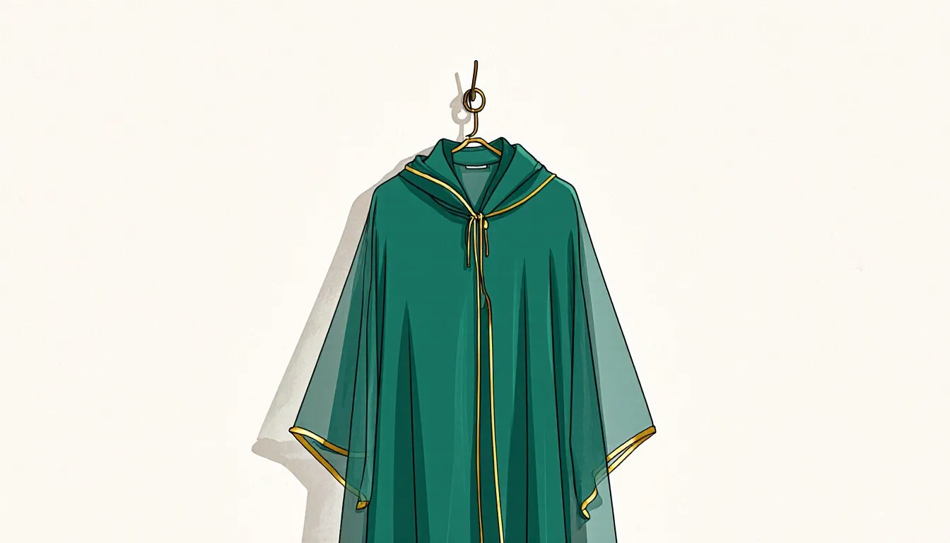 Illustration of a green invisibility cloak on a hanger, its edges fading to transparency