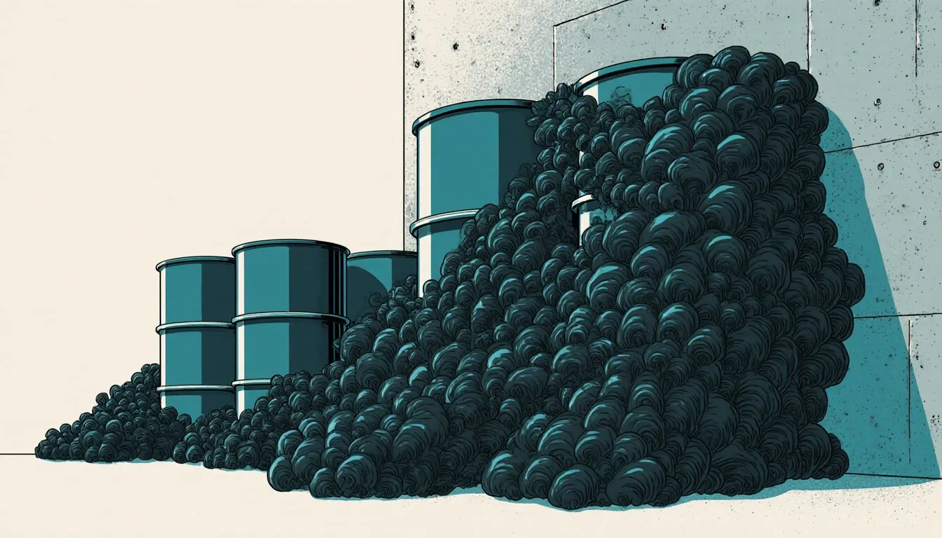 Illustration of a dark fungal mass growing over a stack of storage barrels
