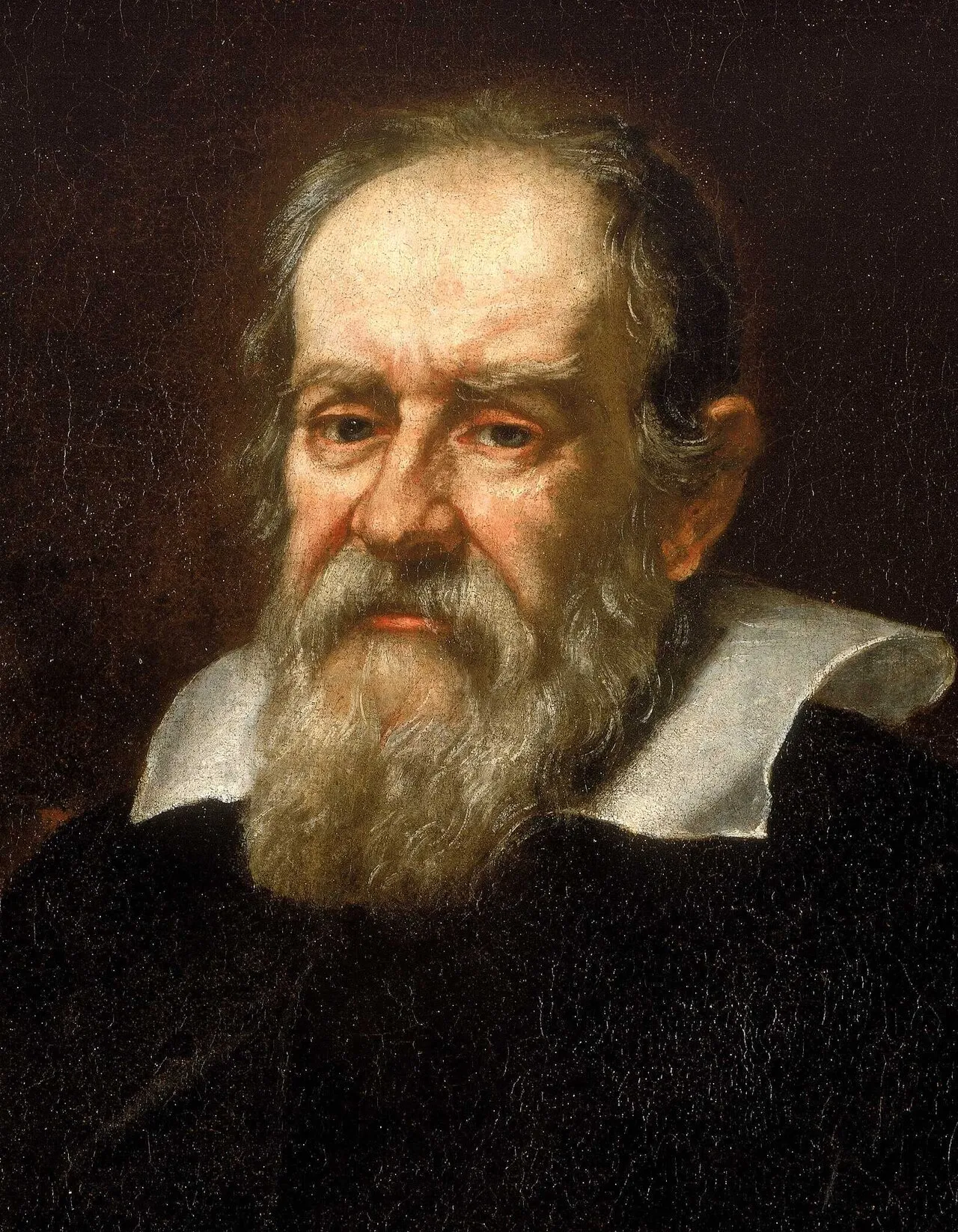 Painted portrait of Galileo Galilei with a grey beard and black robe