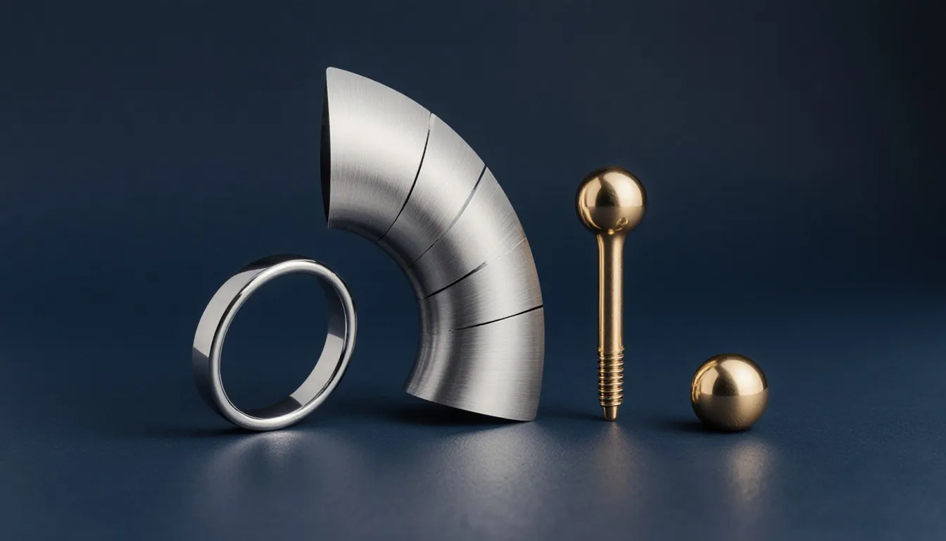 A titanium ring, turbine blade, and hip implant grouped together, showing the metal's everyday uses