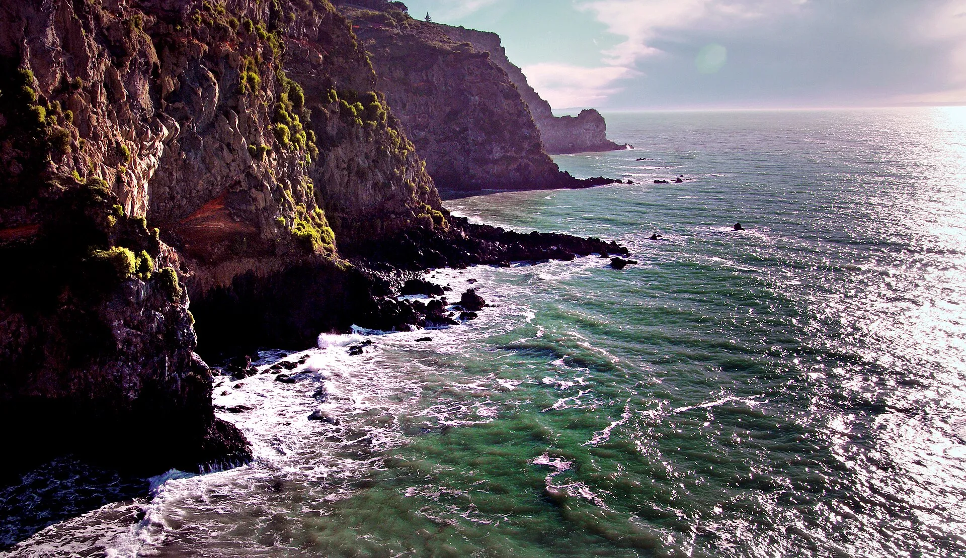 Rugged sea cliffs meeting white surf along a winding coastline