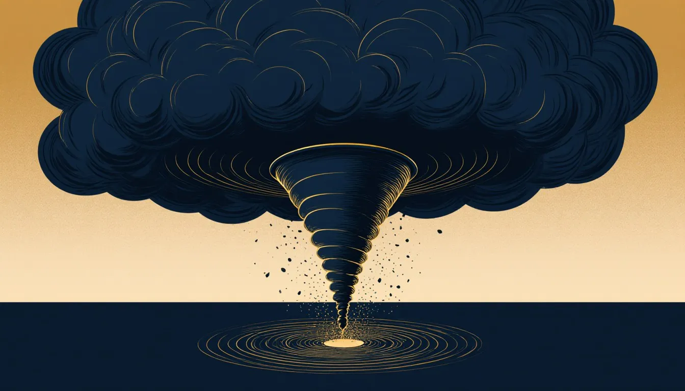 A tornado funnel cloud spiraling down from a rotating supercell thundercloud to touch the ground.