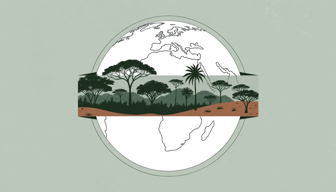 Globe illustration with the tropical belt between the Tropic of Cancer and Tropic of Capricorn highlighted by rainforest and