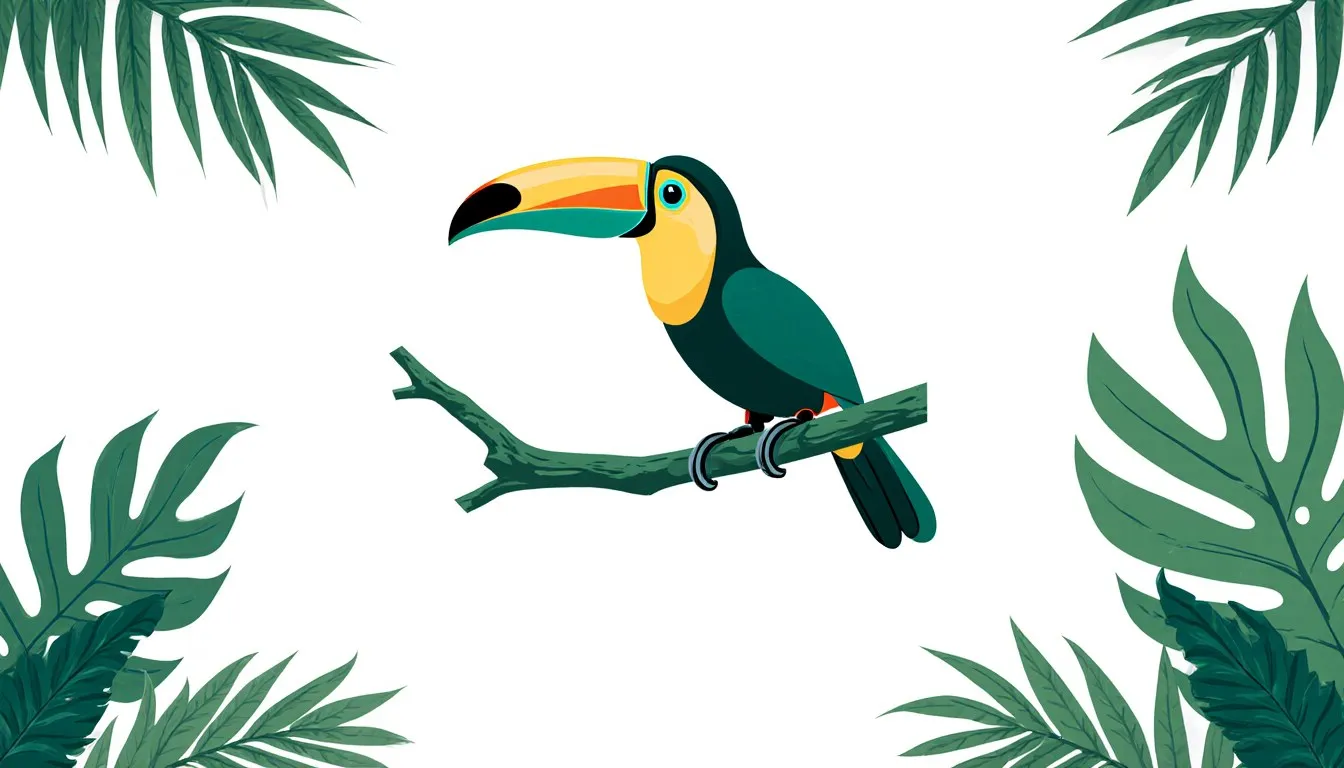 A toucan with its large curved bill perched on a branch amid tropical rainforest leaves