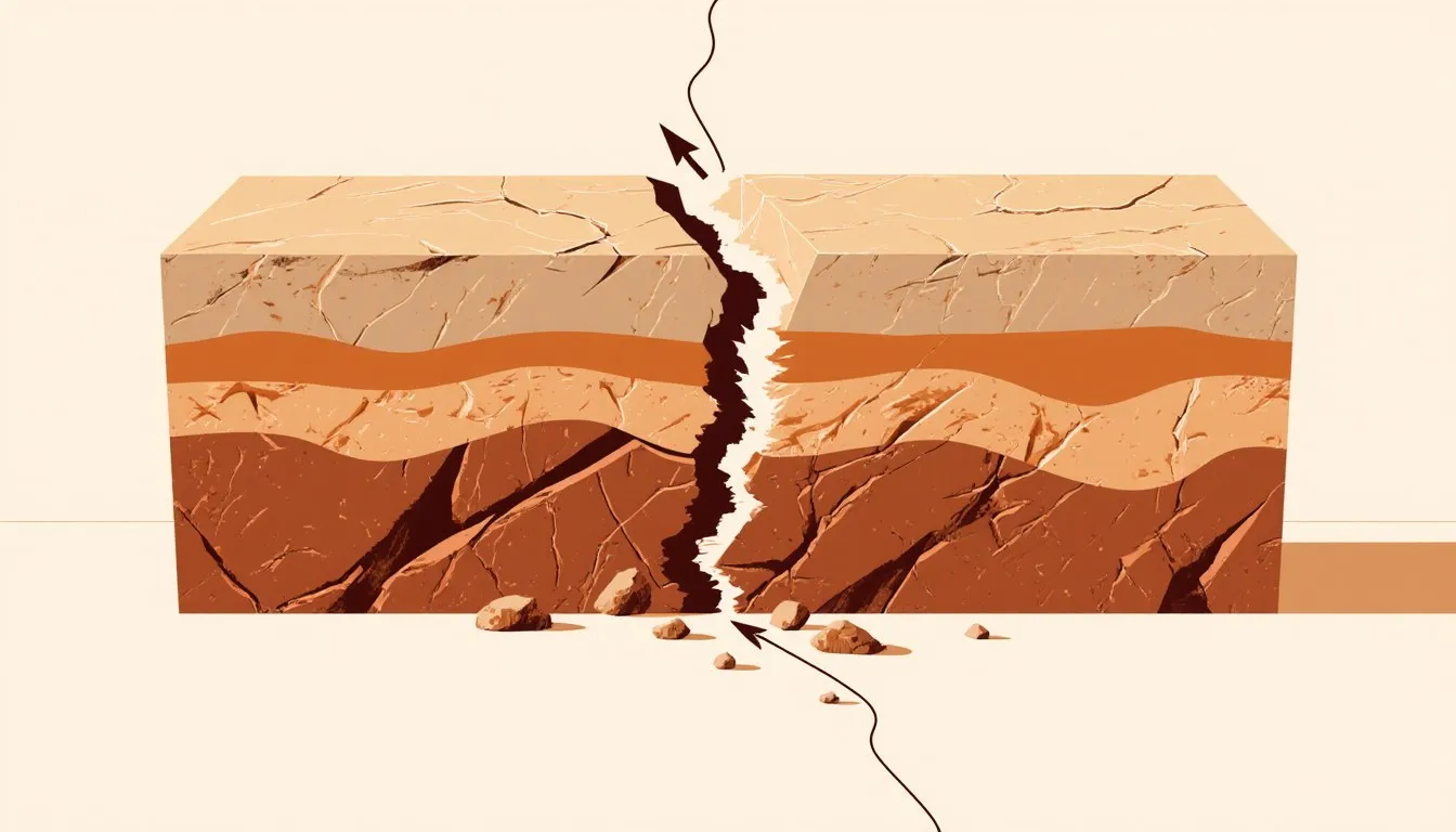 Cross-section illustration of a strike-slip fault splitting rock layers, arrows showing sideways motion