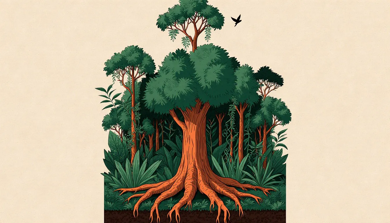 Cross-section of a tropical rainforest showing buttress roots, understory, epiphyte-covered canopy, and emergent treetops