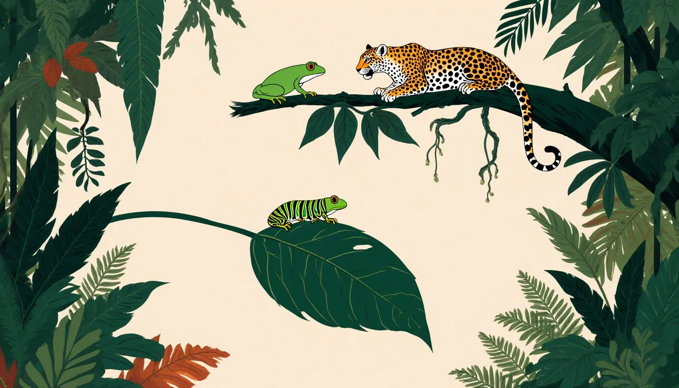 Layered rainforest scene with a leaf, caterpillar, tree frog, and jaguar showing the flow of a forest food chain