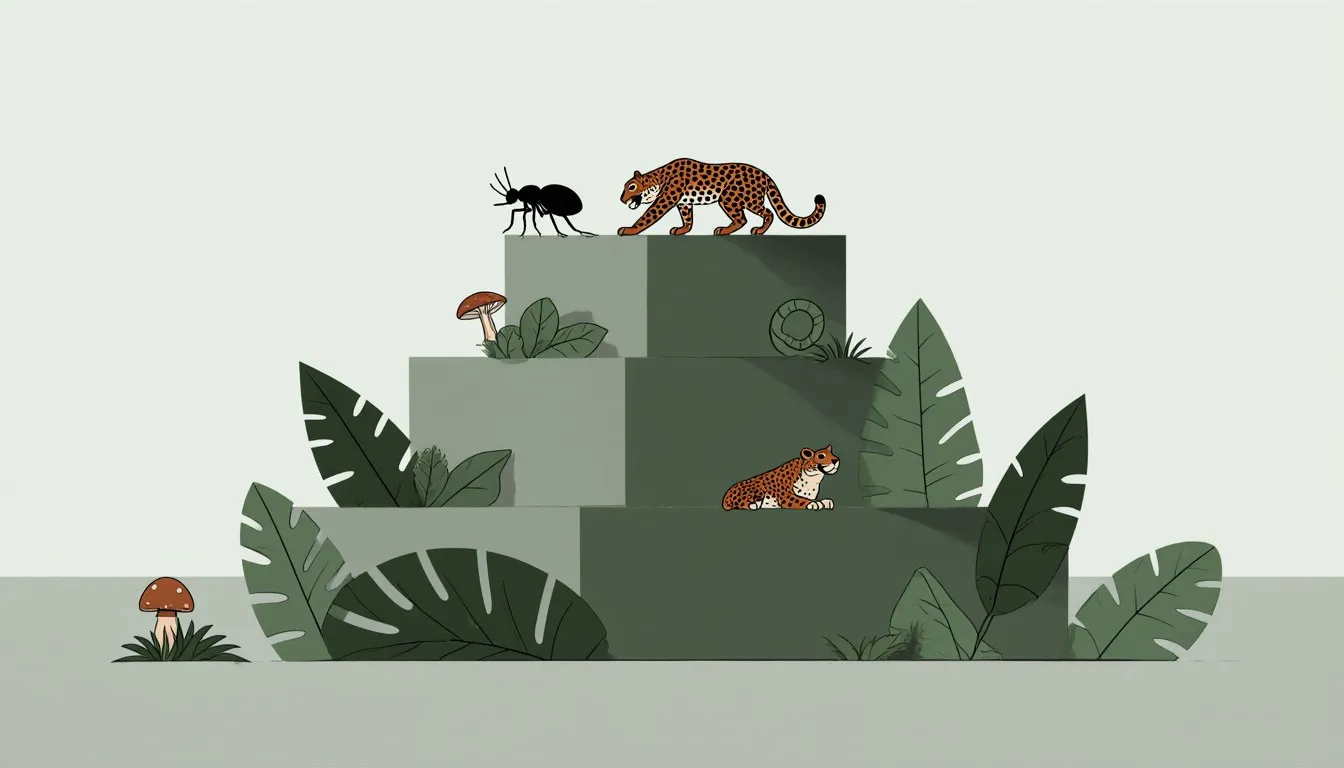 A pyramid formed from rainforest leaves, insects, a tree frog, and a jaguar representing the tropical forest's energy pyramid