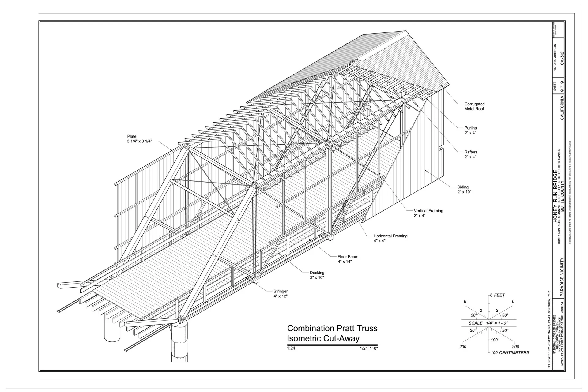 Isometric engineering drawing of a covered truss bridge's frame