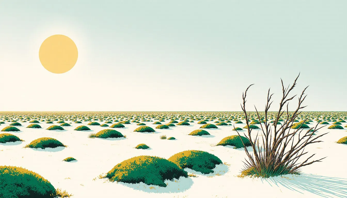 Flat, treeless tundra landscape with moss, lichen, and a low creeping dwarf willow shrub under a low sun
