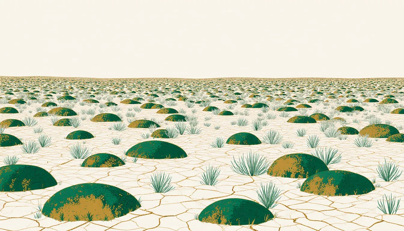 Flat, treeless tundra landscape with low moss, lichen, and dwarf shrubs on frozen ground stretching to the horizon