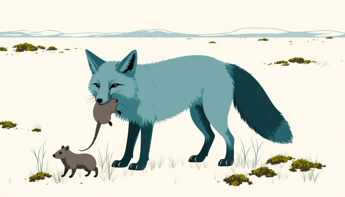 An Arctic fox with a lemming in its jaws stands on lichen-covered tundra ground, illustrating the region's food chain