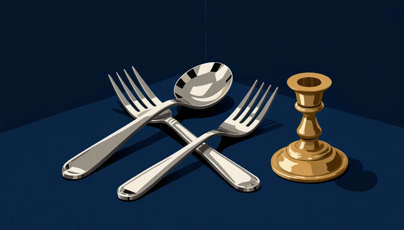 A stainless steel spoon and fork beside a brass candlestick, everyday objects made from metal alloys