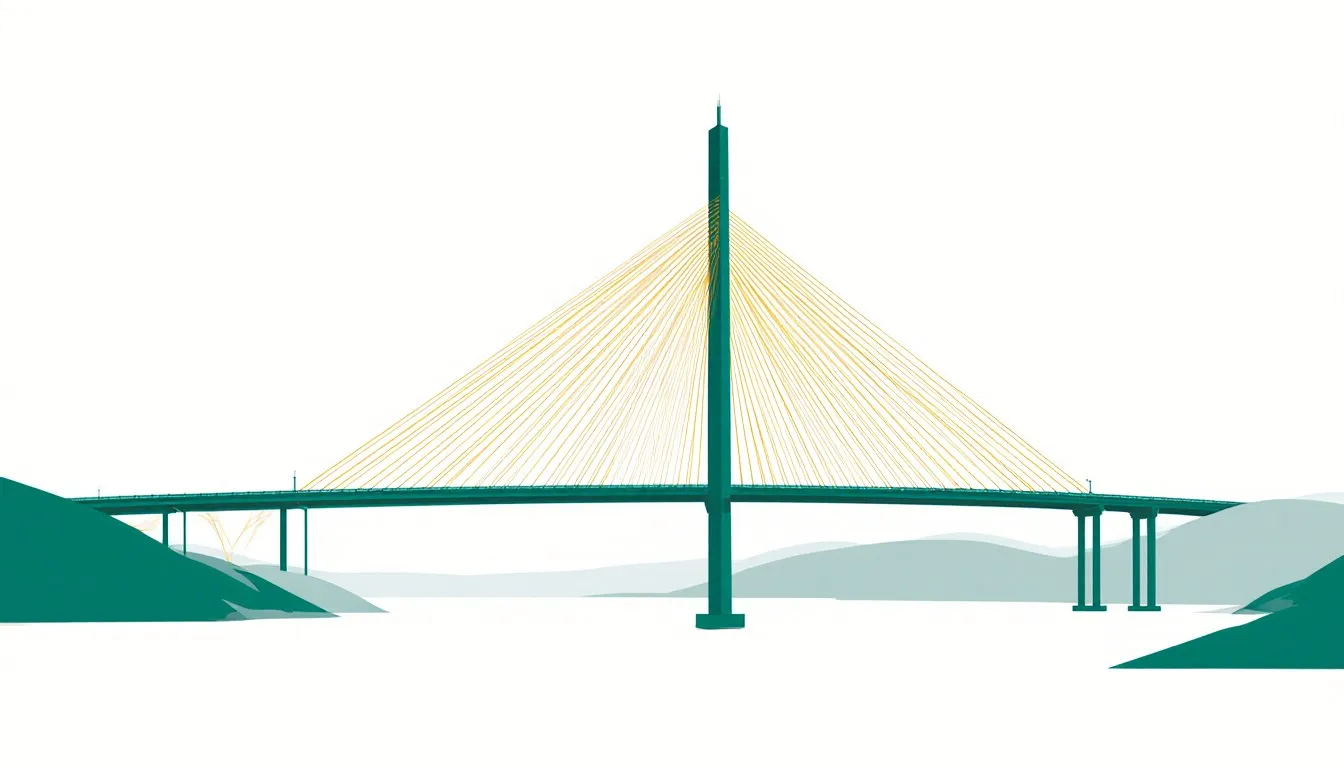 A cable-stayed bridge with a tall tower and fanning cables spanning a wide river