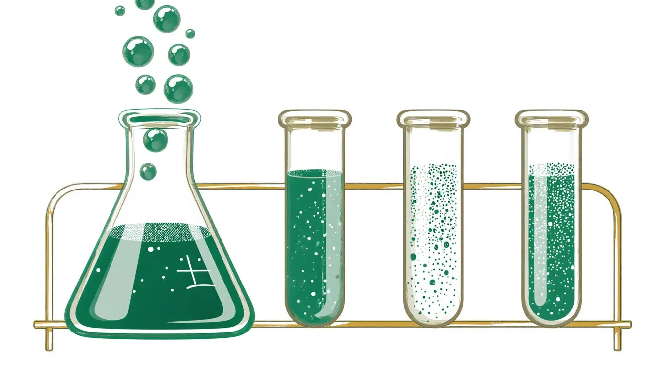 A flask and two test tubes each showing a different chemical reaction , bubbling gas, a precipitate, and effervescence