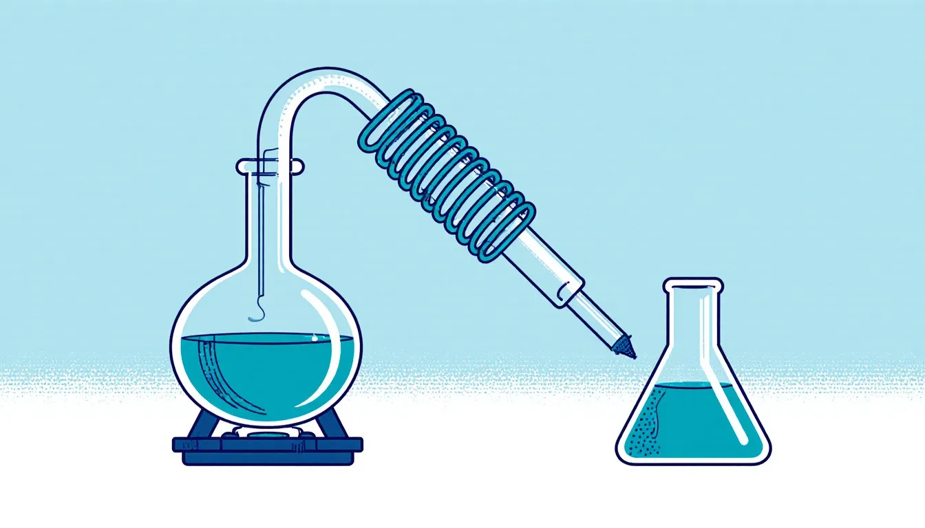 Illustration of a laboratory distillation setup with a flask, condenser, and collection flask
