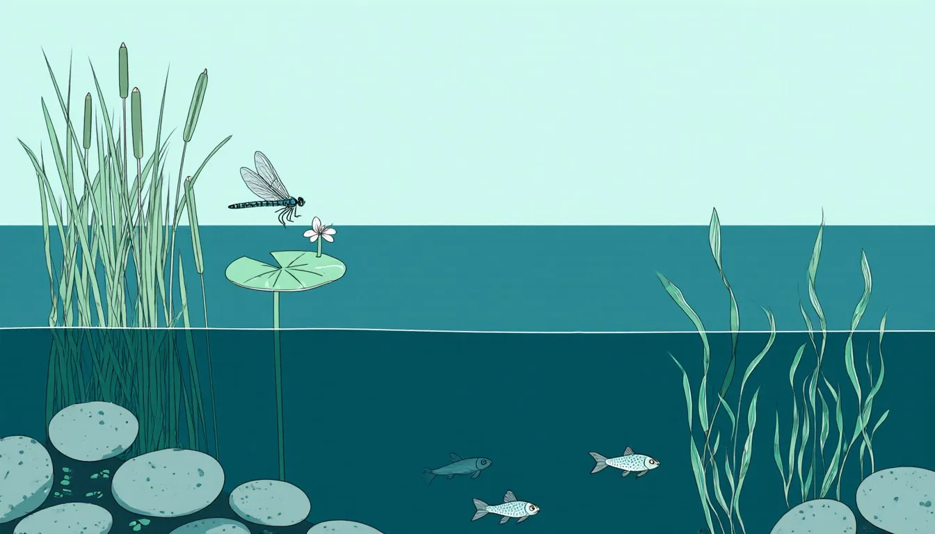 Illustrated cross-section of a pond ecosystem, with reeds and a lily pad above water and fish among plants below