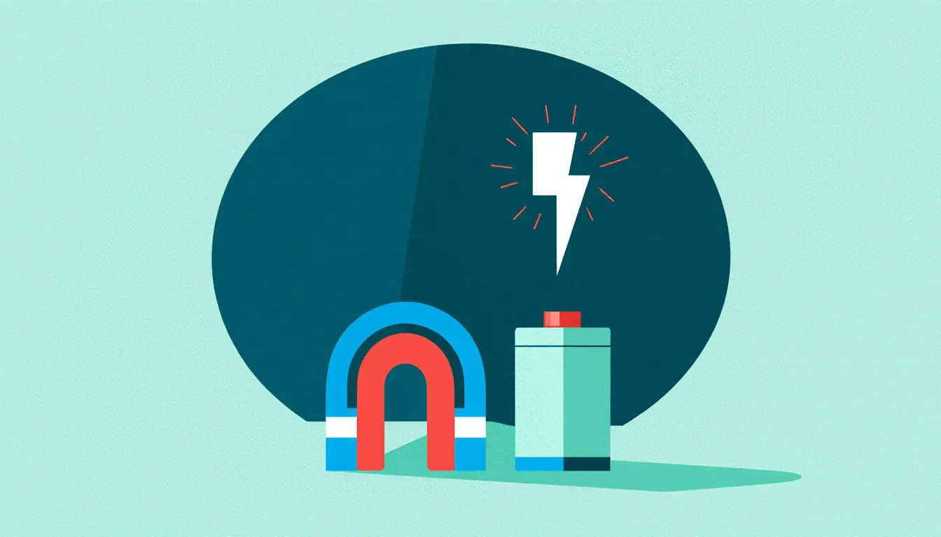 A horseshoe magnet, a battery, and a spark of static electricity, representing different forms of energy