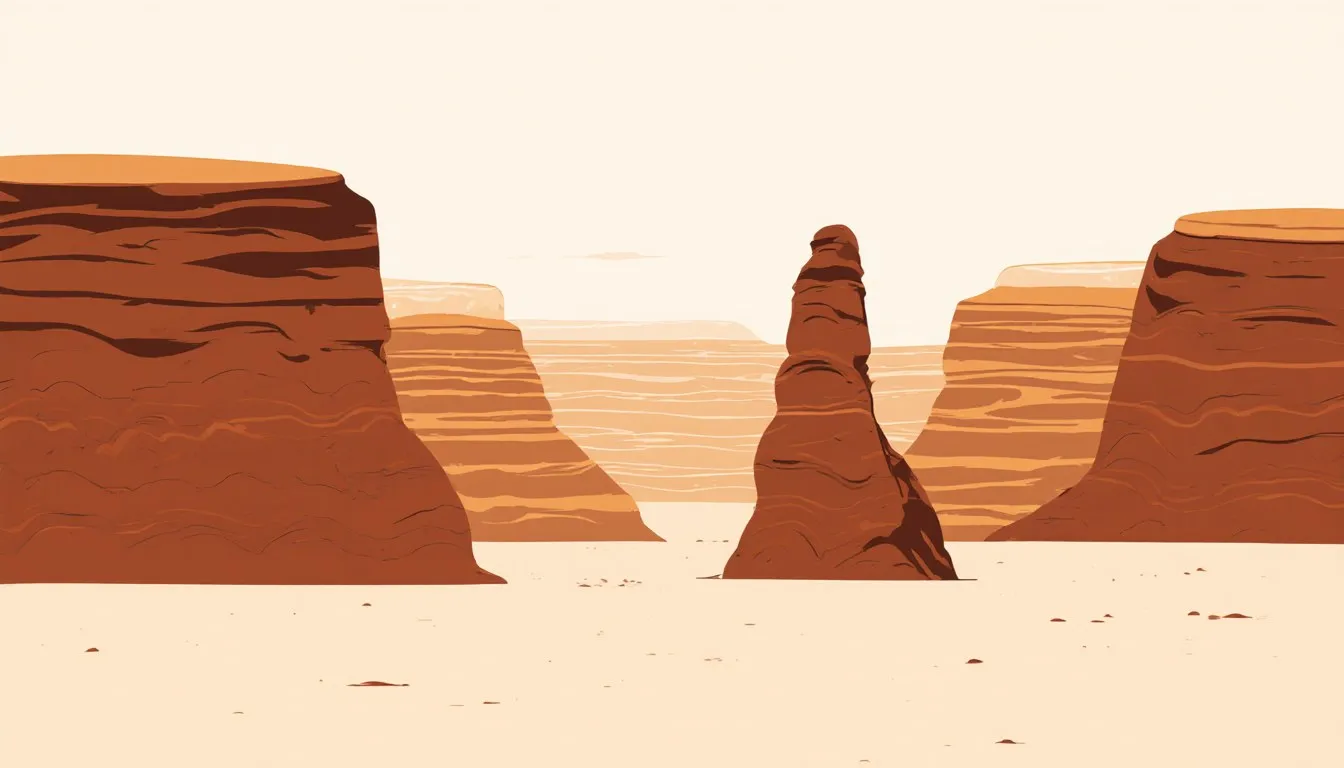 A desert scene with a flat-topped mesa, a butte, and a layered canyon carved into the rock.