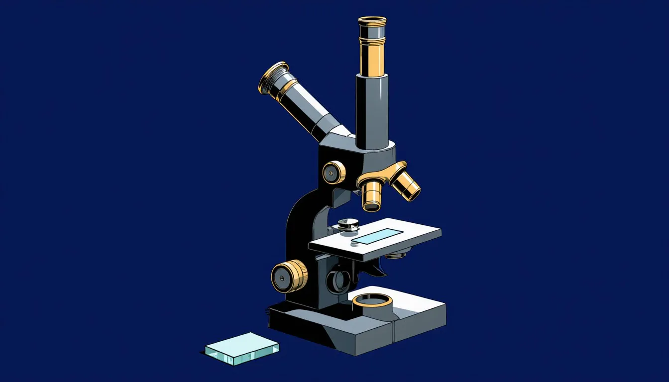 Illustration of a classic compound microscope with a specimen slide on its stage