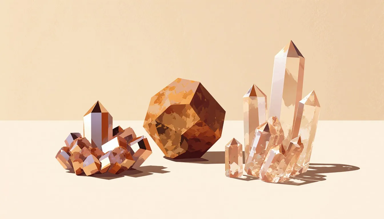 Three raw mineral specimens with different crystal shapes, textures, and luster arranged together