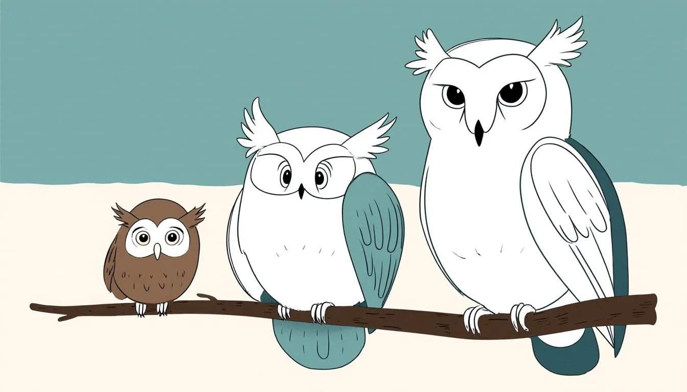 Three owl species of very different sizes, from a tiny elf owl to a great horned owl, perched together on a branch