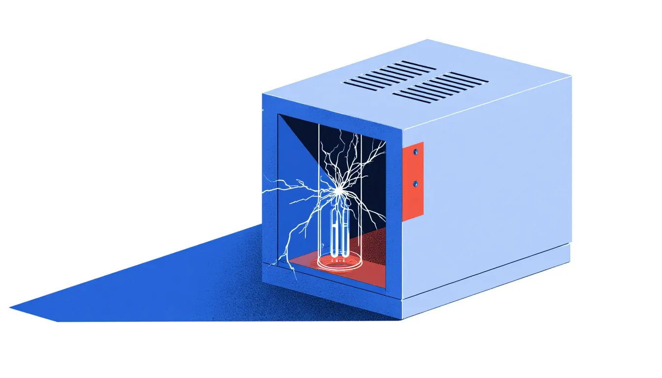 An ozone generator with its casing opened to reveal a glowing electrical discharge tube inside