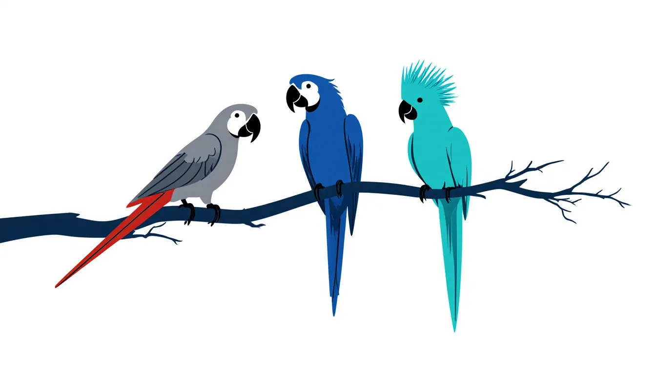 Three parrot species - a grey parrot, a macaw and a crested cockatoo - perched together on a branch
