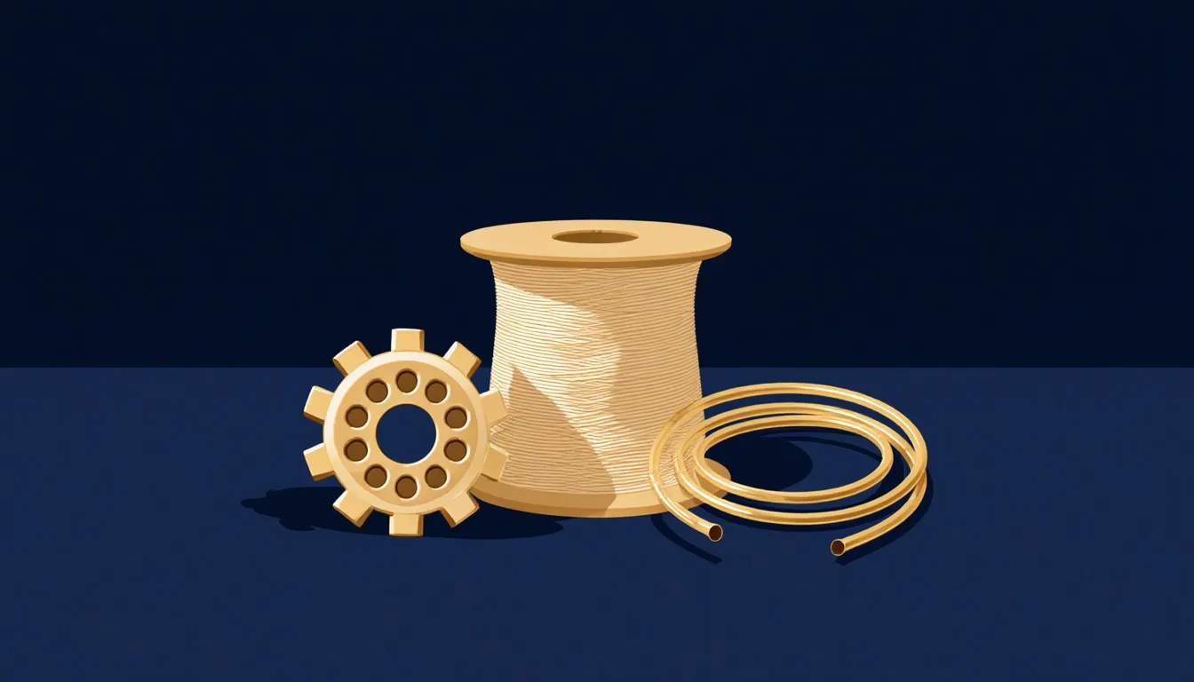 A coil of synthetic fiber thread, a molded gear, and flexible tubing, representing polyamide's uses in textiles, machinery