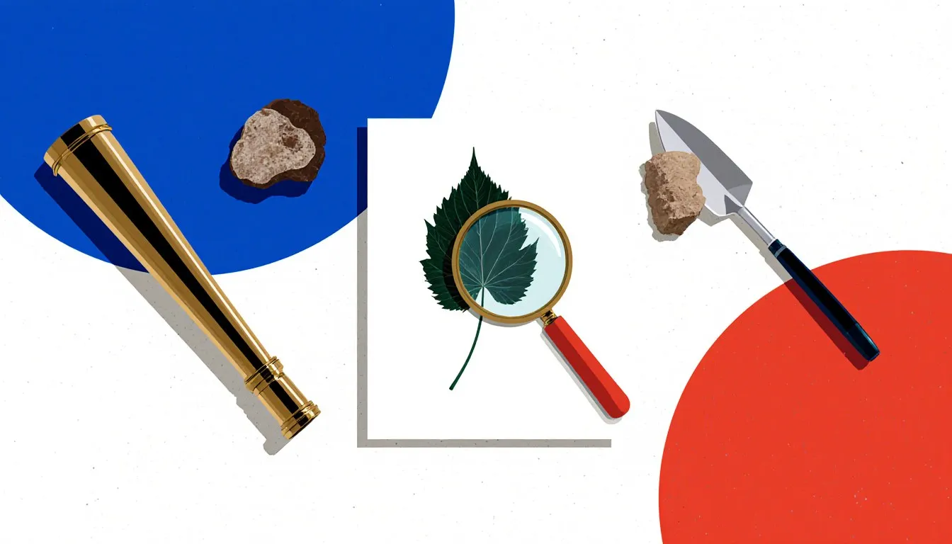 A telescope, a leaf specimen under a magnifying glass, and a fossil with trowel, representing different fields of science