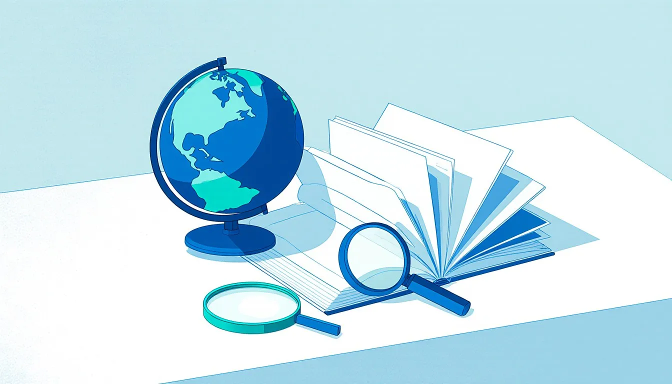 A globe, an open book, and a magnifying glass arranged together, symbolizing the study of society across the social sciences