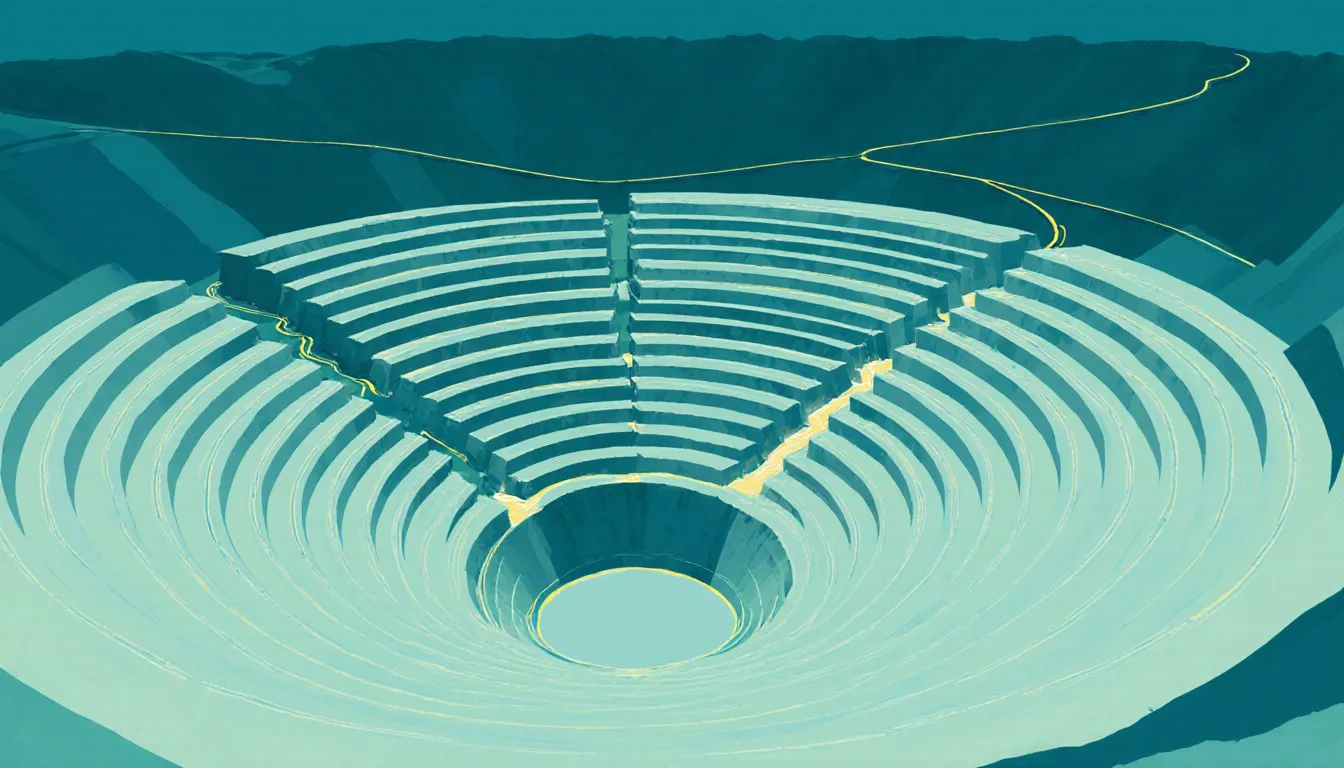 Aerial view of a terraced open-pit mine spiraling down to its floor, illustrating surface mining methods