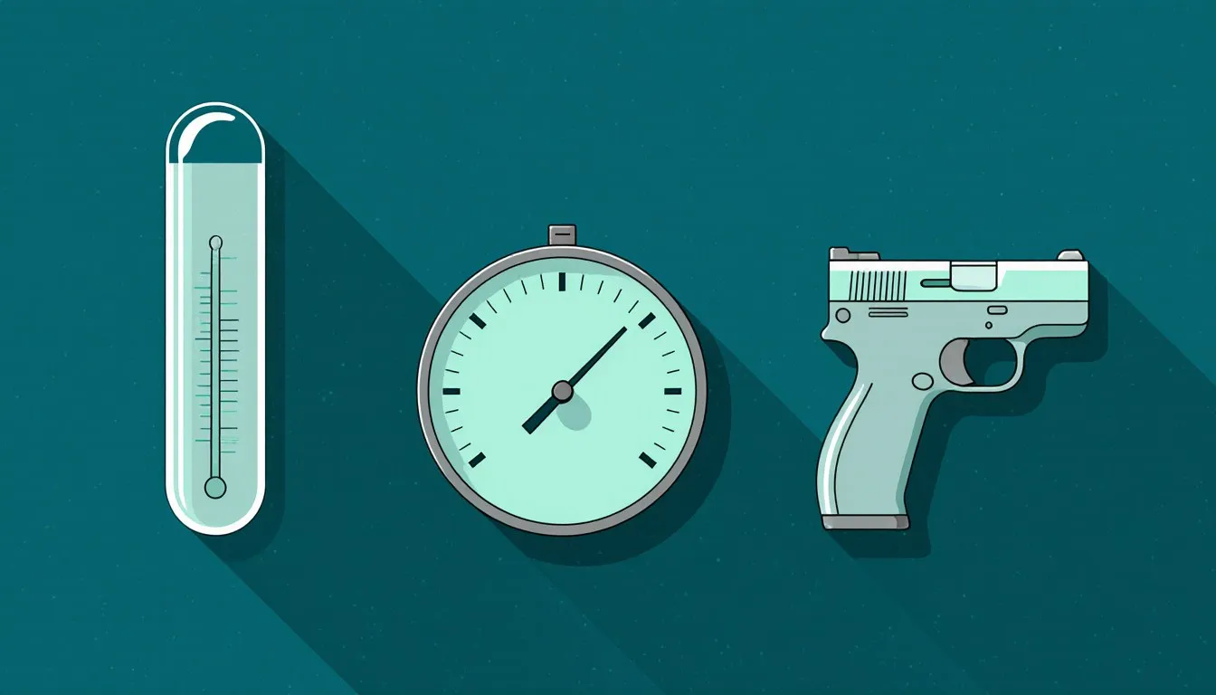 Three thermometer types shown together: a glass mercury thermometer, a dial bimetal thermometer, and an infrared thermometer