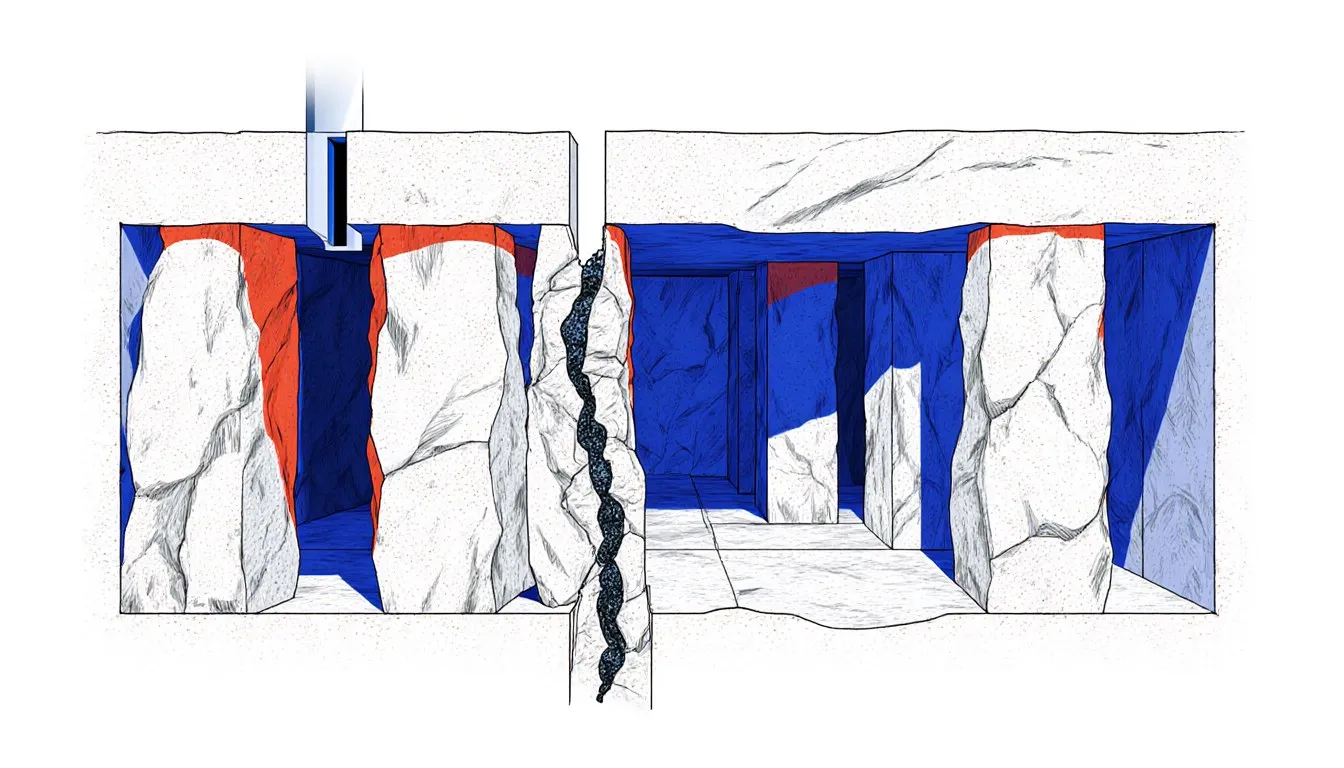 Cutaway illustration of an underground mine chamber with rock pillars supporting the ceiling and an ore vein running through