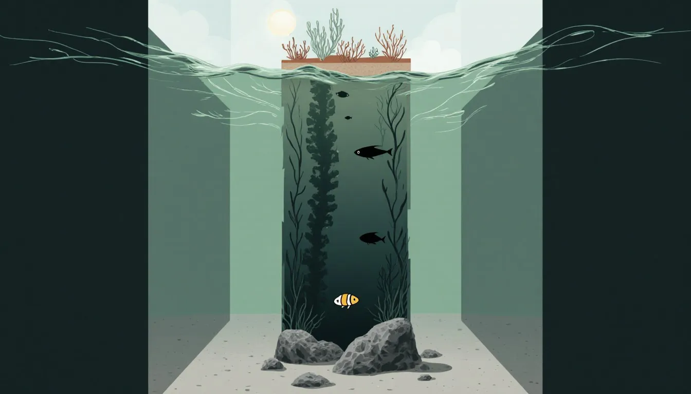 Illustrated cross-section of the ocean from sunlit coral shallows down to a dark, glowing-fish seafloor