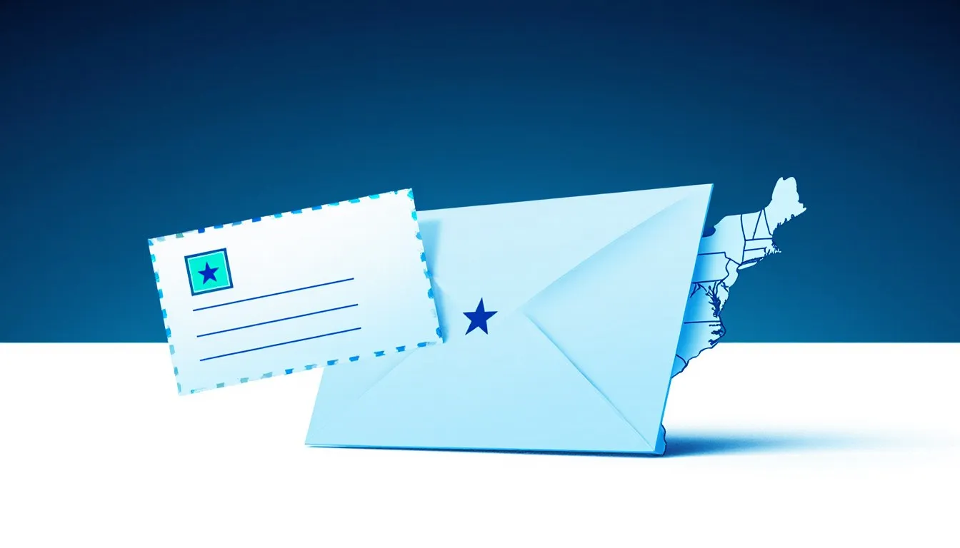 A United States map divided into individual state shapes next to an envelope with a blank address block and stamp.