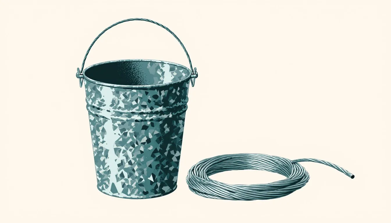 A galvanized steel pail beside a coiled loop of galvanized wire, showing the metal's characteristic zinc-spangle texture
