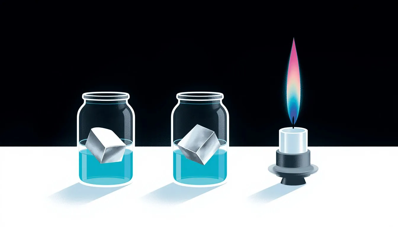 Shiny alkali metal samples in oil-filled vials beside a colorful burner flame, illustrating their reactivity