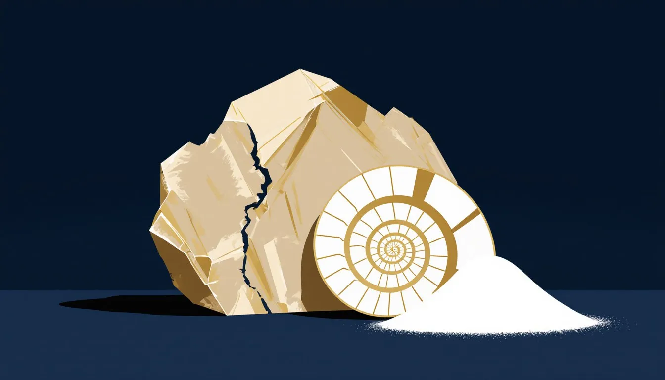 A limestone chunk, a seashell, and a mound of white powder shown together as natural forms of calcium carbonate