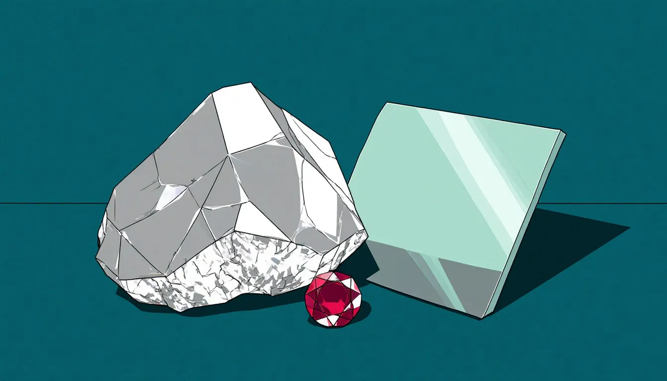 Illustration of raw chromium metal, a polished steel panel, and a faceted ruby representing chromium's properties and uses