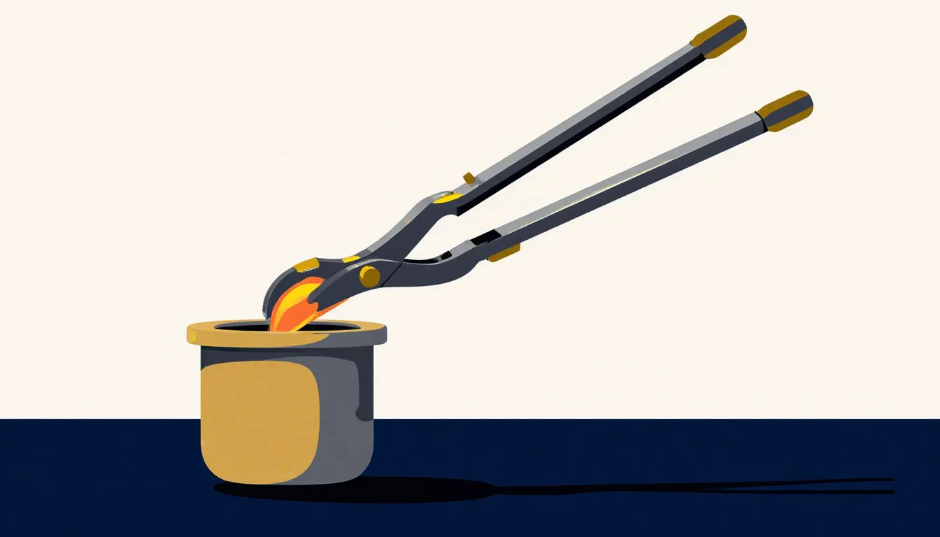 Illustration of crucible tongs gripping a glowing-hot crucible, the lab tool used to prevent chemical and heat burns