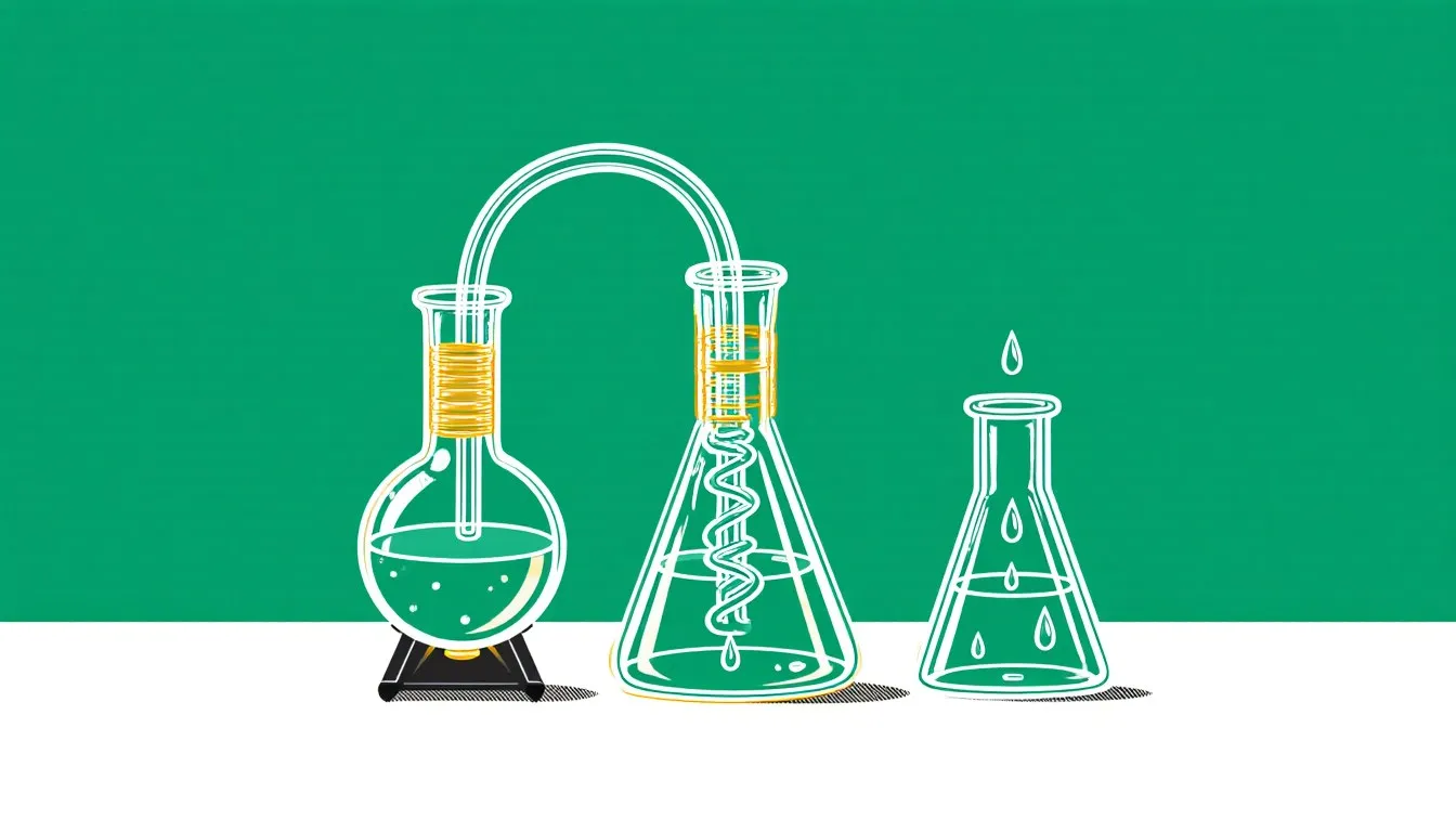 Glass laboratory distillation apparatus condensing water vapor into a collecting flask