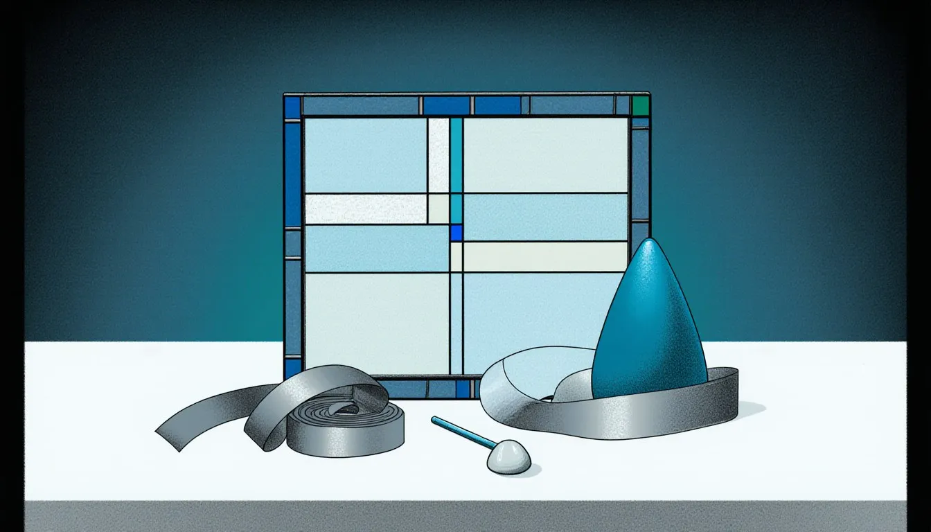 Still life of lead uses: a stained-glass panel with lead came, a coiled lead strip, and a fishing sinker