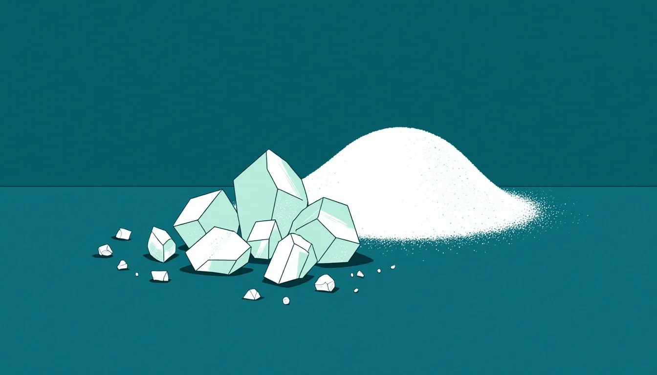 Illustration of chalky magnesium carbonate mineral chunks beside a mound of fine white powder