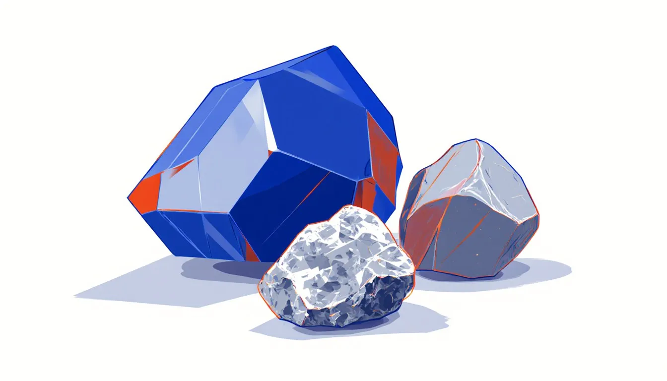 Raw silicon crystal, a dull mineral shard, and a glass fragment arranged as a still life of metalloid elements