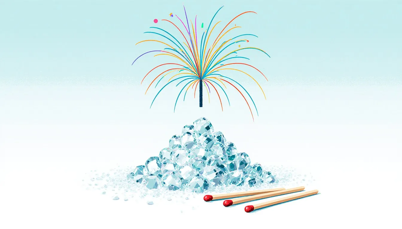 Crystalline potassium chlorate beside matchsticks with a firework spark burst above, symbolizing its uses