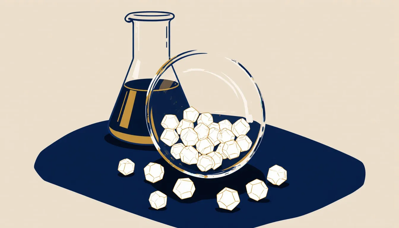 Illustration of potassium hydroxide pellets spilling from a dish beside a laboratory beaker of solution