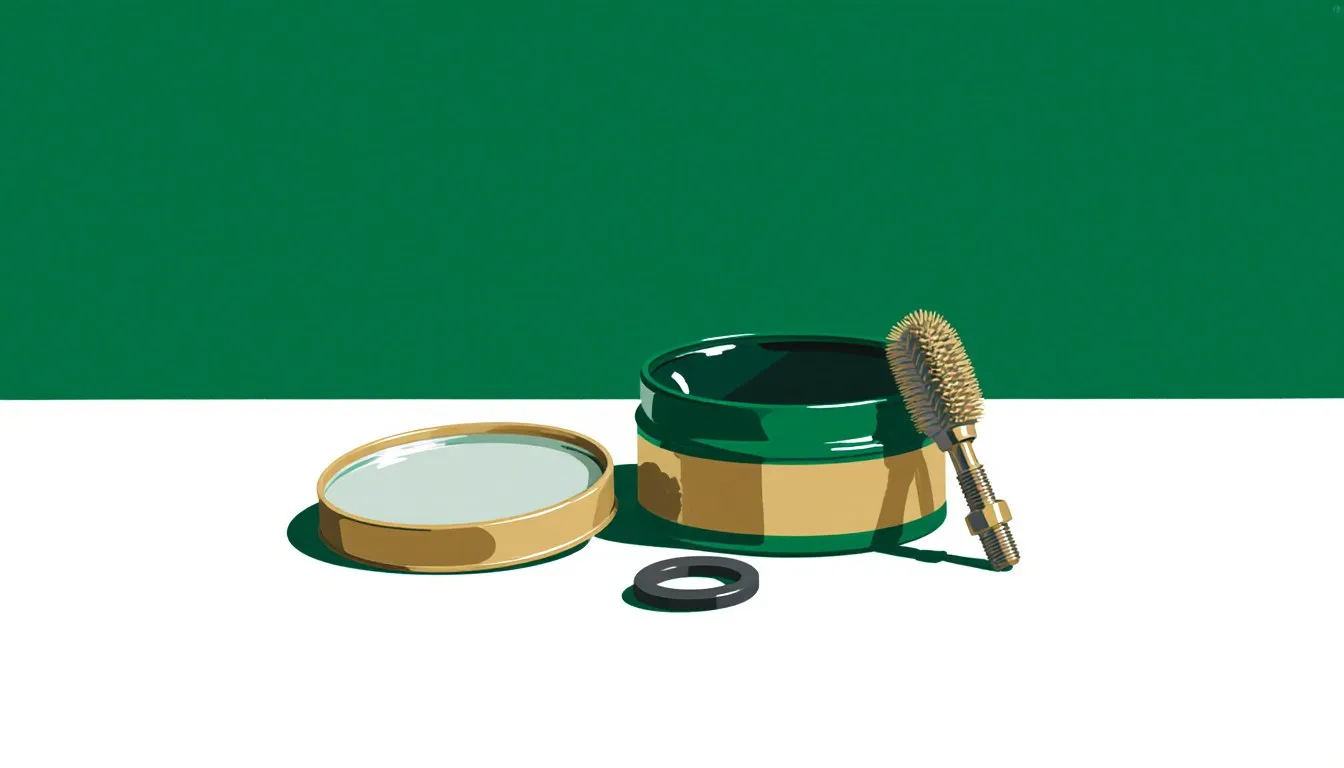 An open tin of silicone grease with a brush, beside a rubber O-ring and a faucet valve
