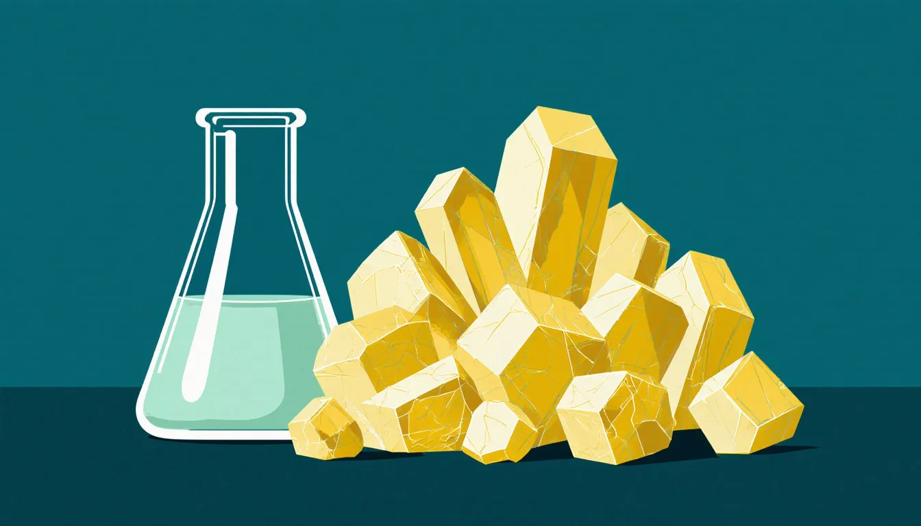 A jagged cluster of raw yellow sulfur crystals beside a simple glass flask