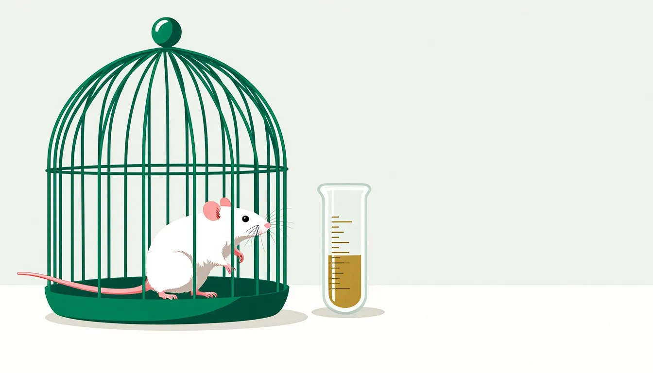A white laboratory mouse in a wire cage beside a beaker, representing animals used in scientific research
